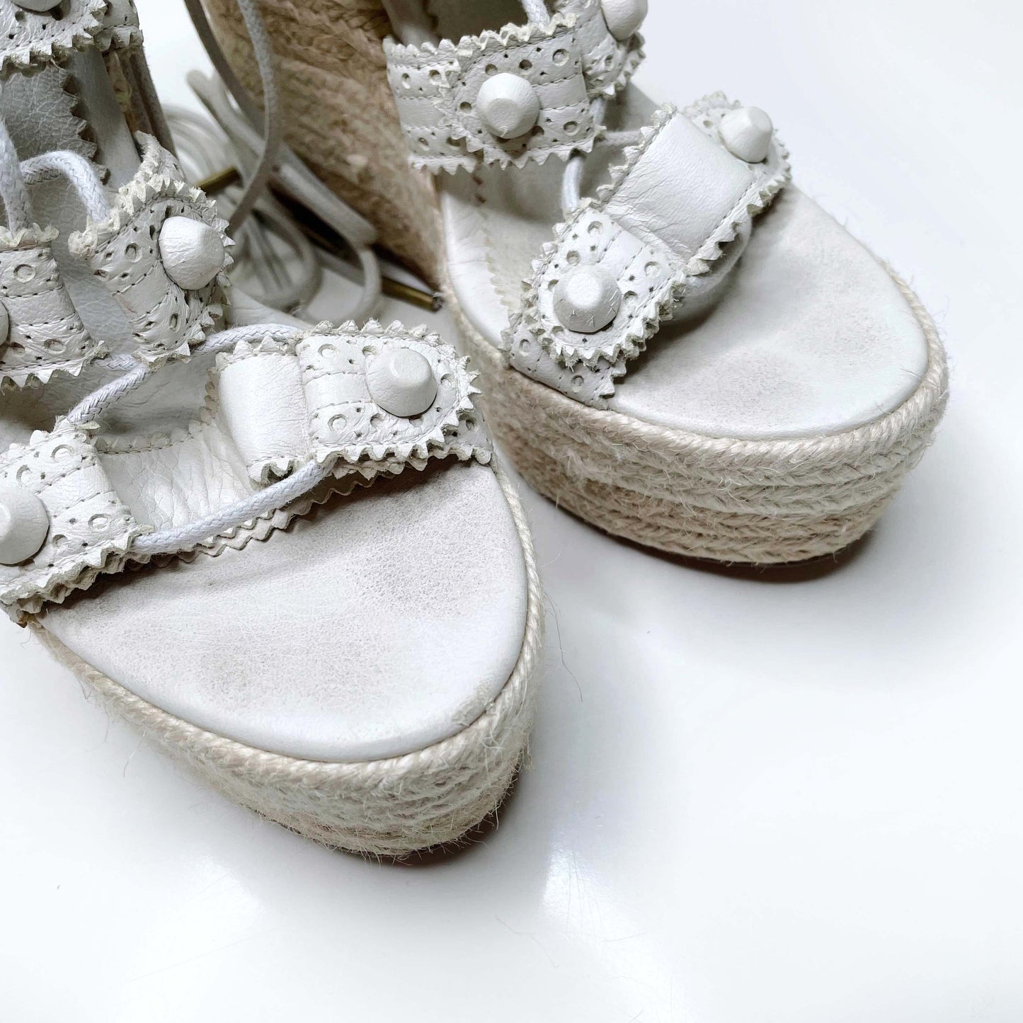balenciaga white leather strappy wedge espadrilles sandals - size 38