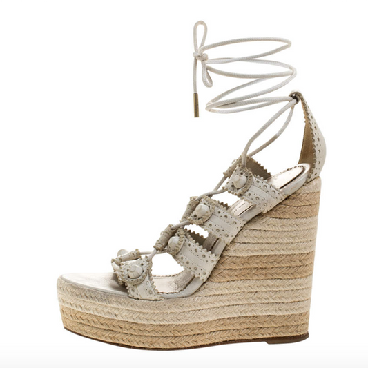 balenciaga white leather strappy wedge espadrilles sandals - size 38