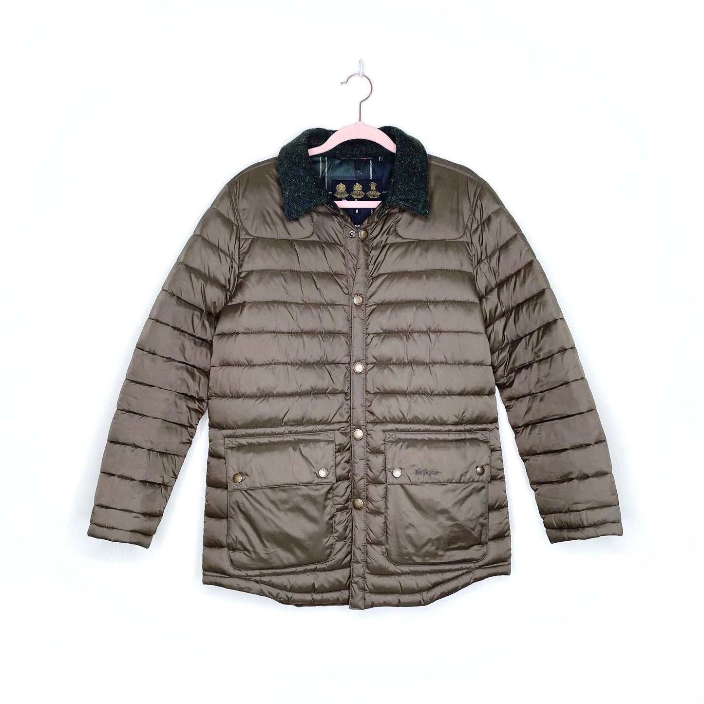 barbour fibre down quilted jacket with tweed collar - size medium
