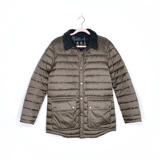 barbour fibre down quilted jacket with tweed collar - size medium
