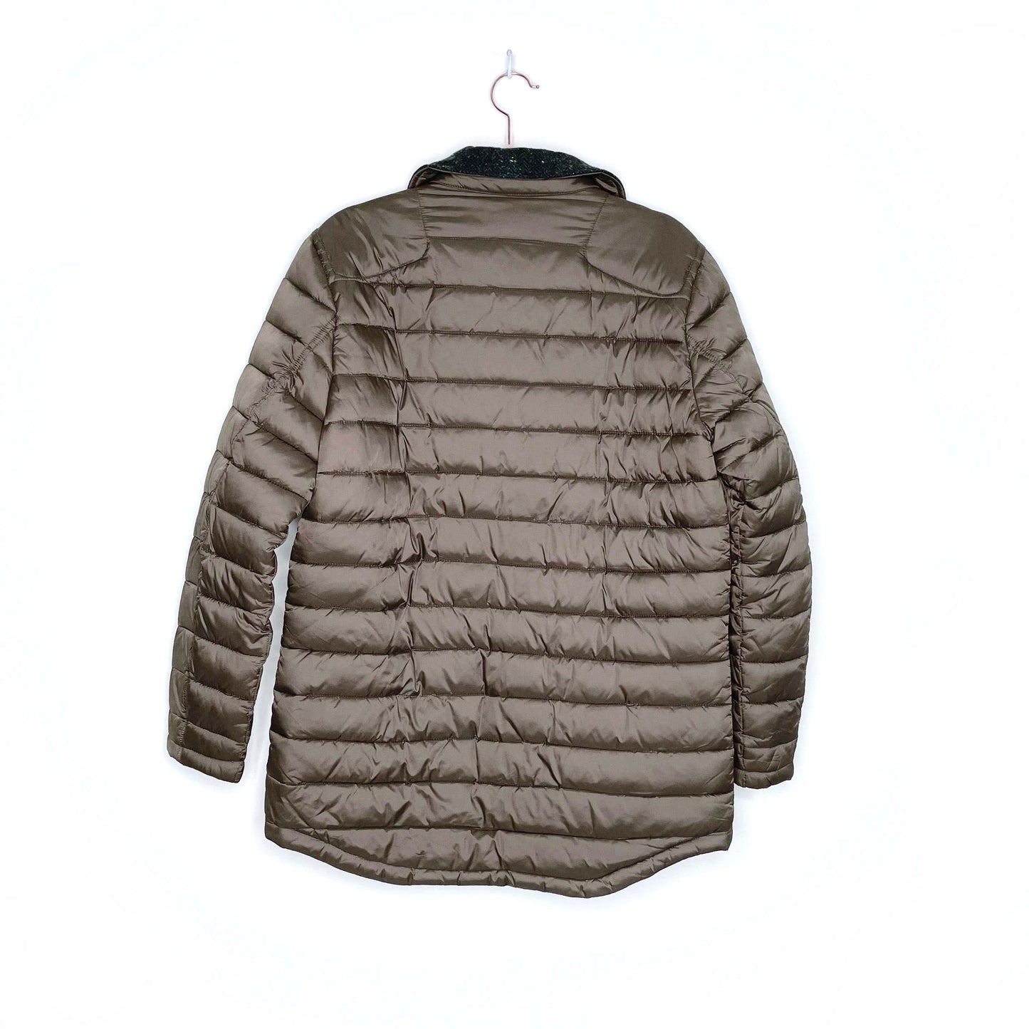 barbour fibre down quilted jacket with tweed collar - size medium