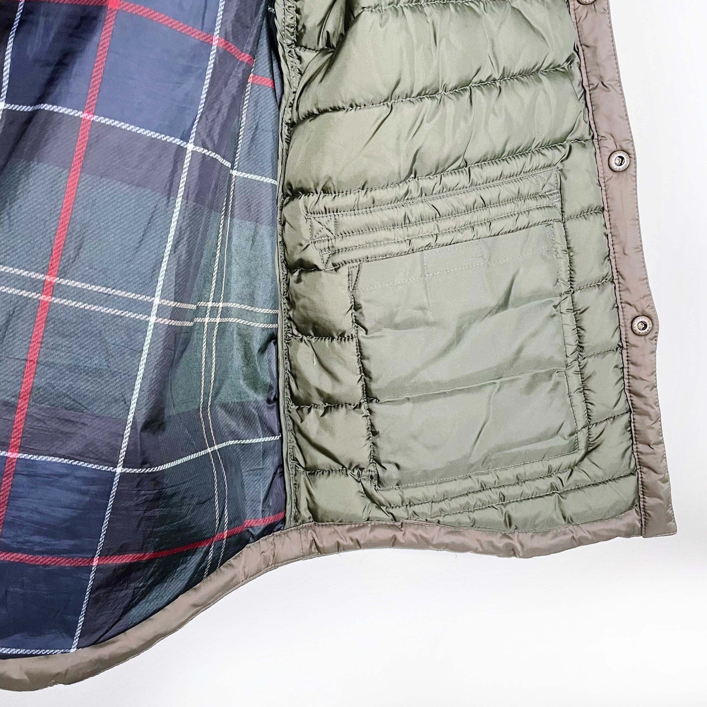 barbour fibre down quilted jacket with tweed collar - size medium