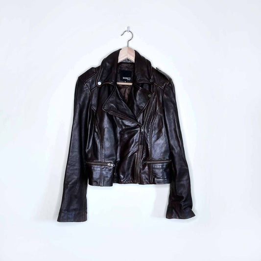 barney's originals brown leather moto jacket - size small