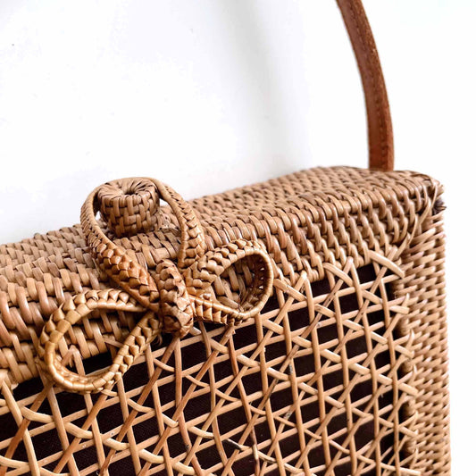 woven basket rattan crossbody bag with leather strap