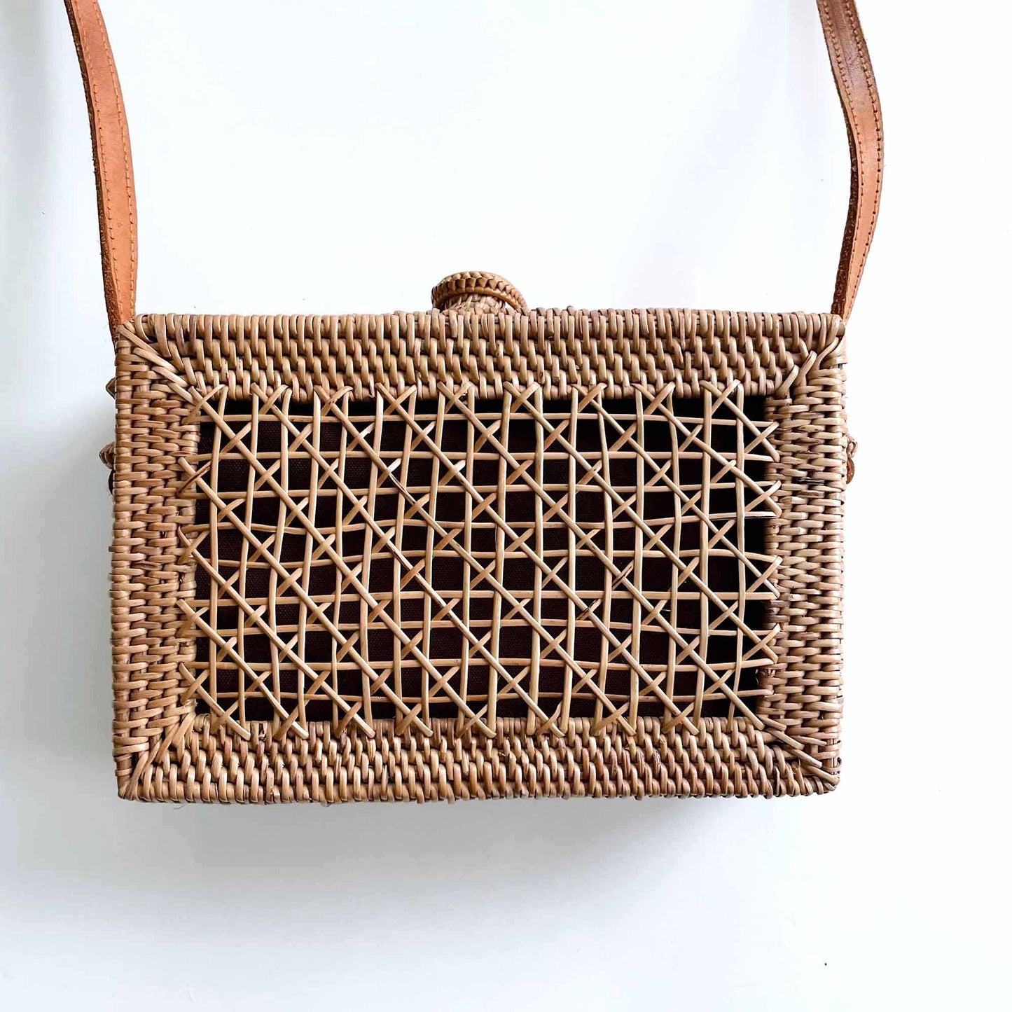 woven basket rattan crossbody bag with leather strap