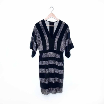 bcbg harbor black nude silk lace combination kimono dress - size xs