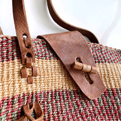 vintage handmade striped sisal market beach bag
