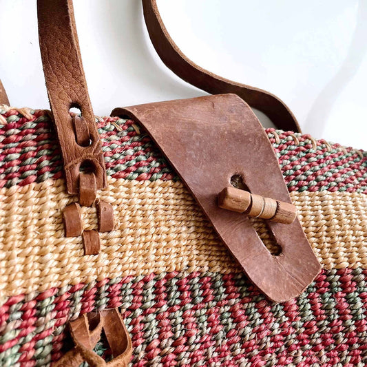 vintage handmade striped sisal market beach bag
