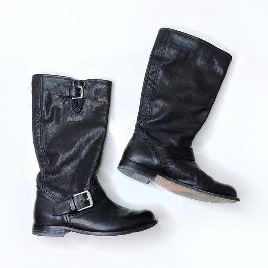 belstaff black leather mid-calf buckle biker boots - size 37