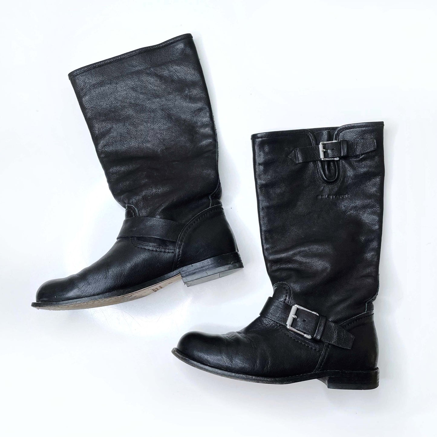 belstaff black leather mid-calf buckle biker boots - size 37
