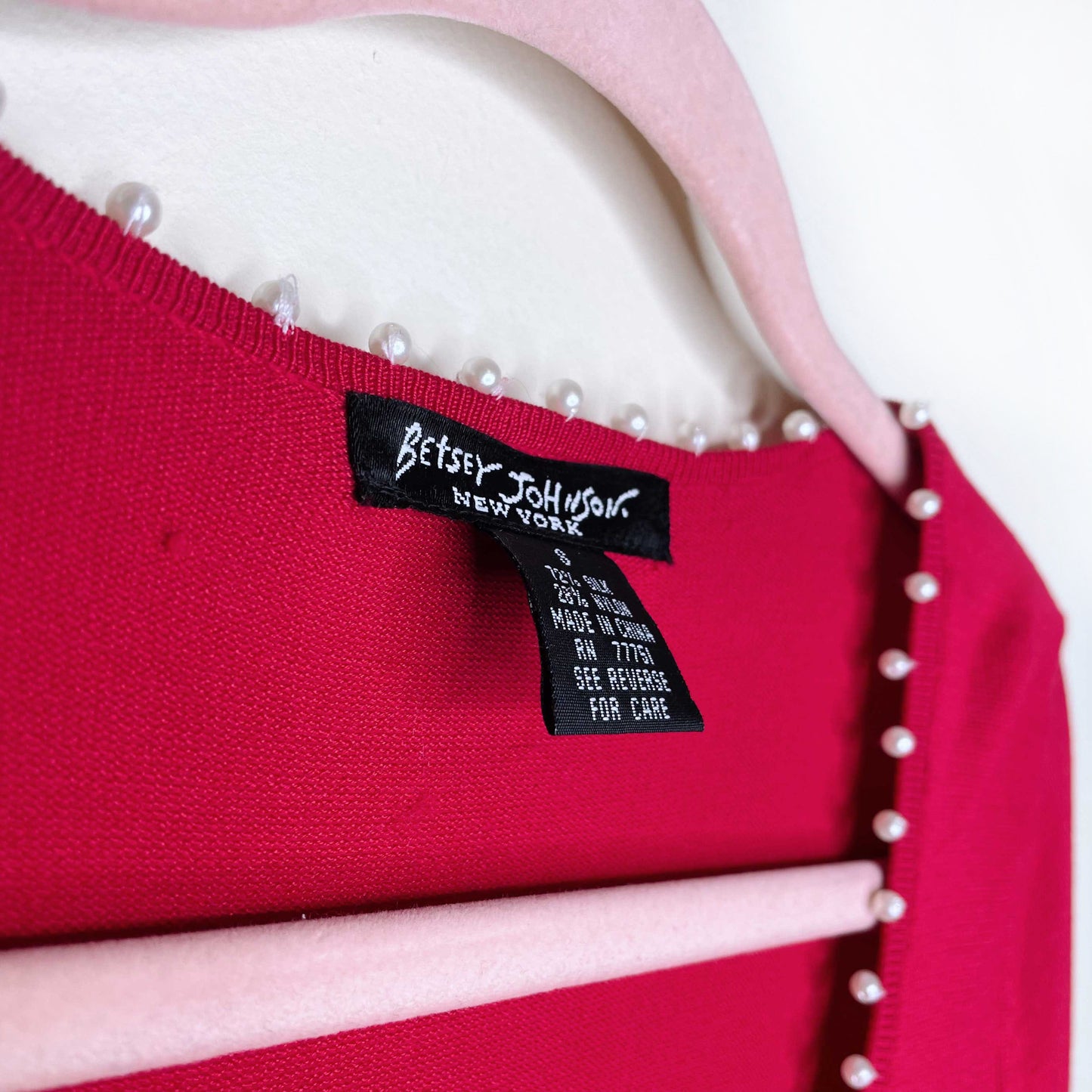 vintage betsey johnson red silk cardigan with pearl trim - size small