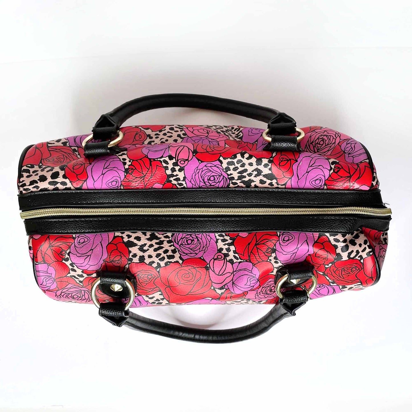 betsey johnson vegan leather rose leopard boston handbag