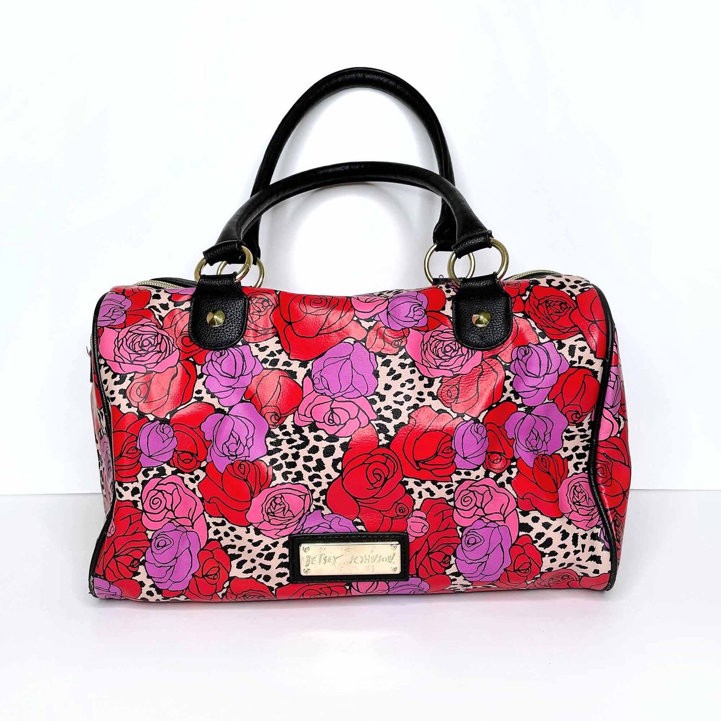 betsey johnson vegan leather rose leopard boston handbag