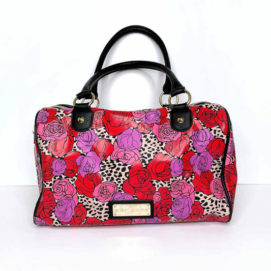 betsey johnson vegan leather rose leopard boston handbag