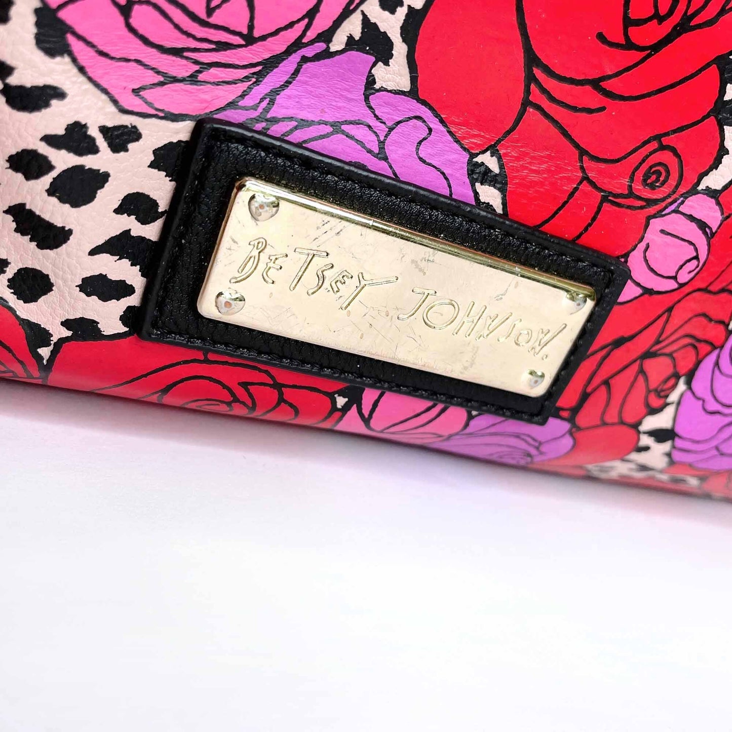 betsey johnson vegan leather rose leopard boston handbag