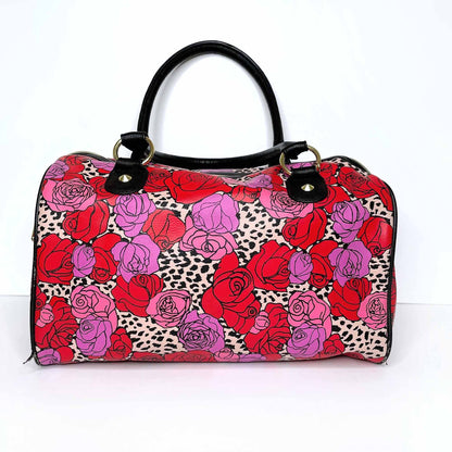 betsey johnson vegan leather rose leopard boston handbag