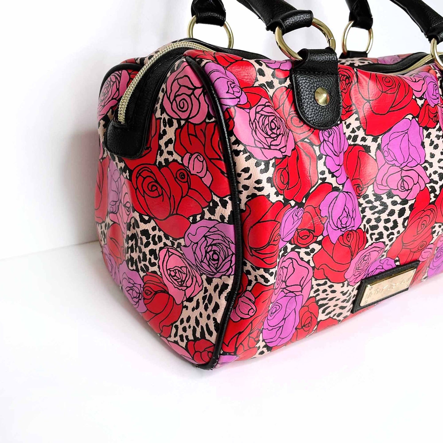 betsey johnson vegan leather rose leopard boston handbag
