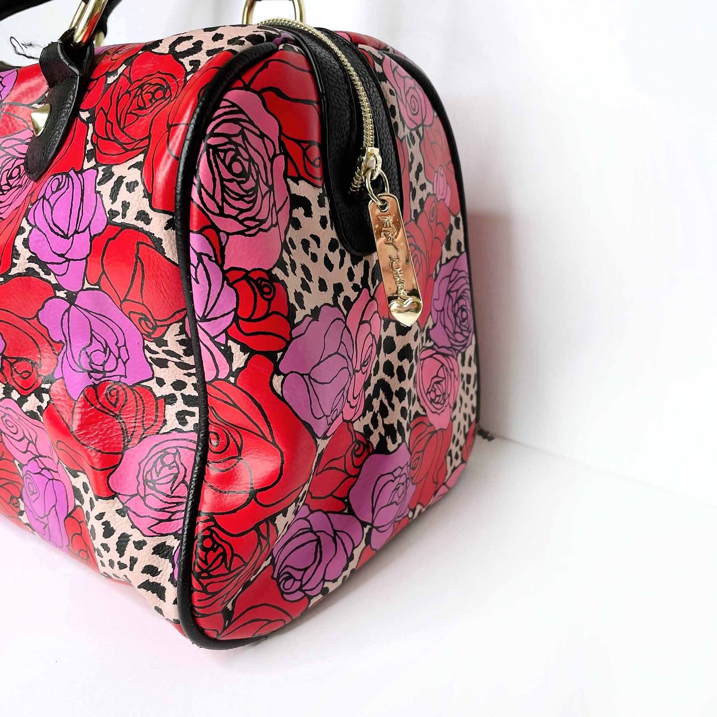 betsey johnson vegan leather rose leopard boston handbag