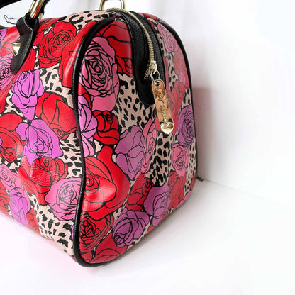 betsey johnson vegan leather rose leopard boston handbag