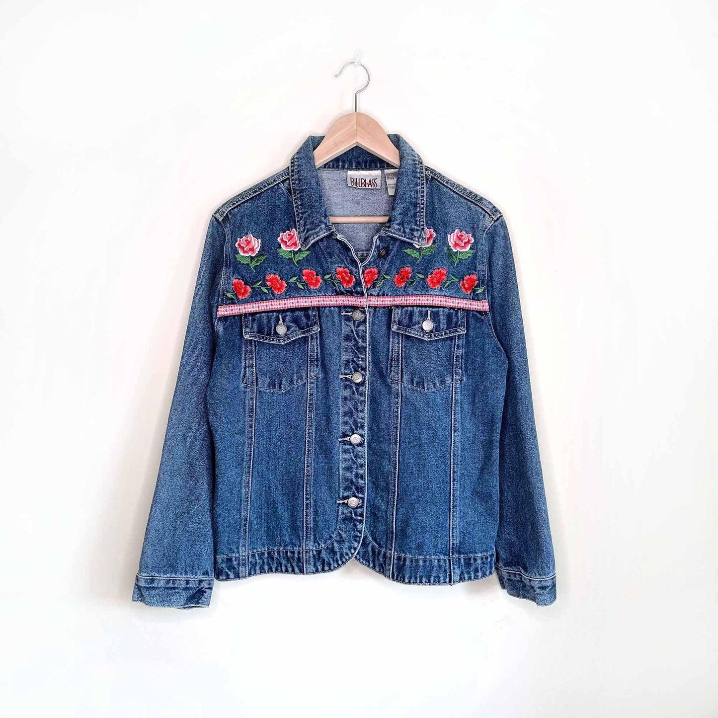 vintage 90's bill blass rose embroidered denim jacket - size medium