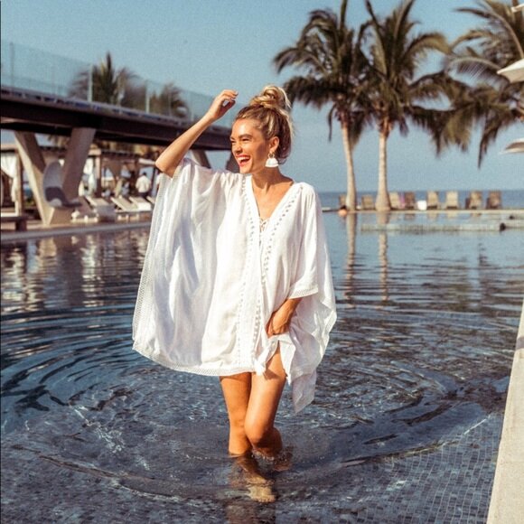 Bindya NY pom pom lace up tunic - size OS