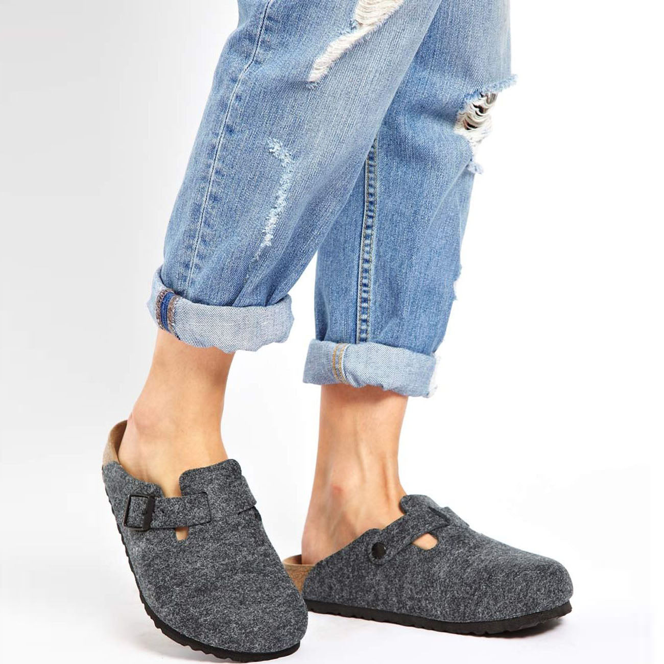 birkenstock grey wool felt boston clog mules - size 39