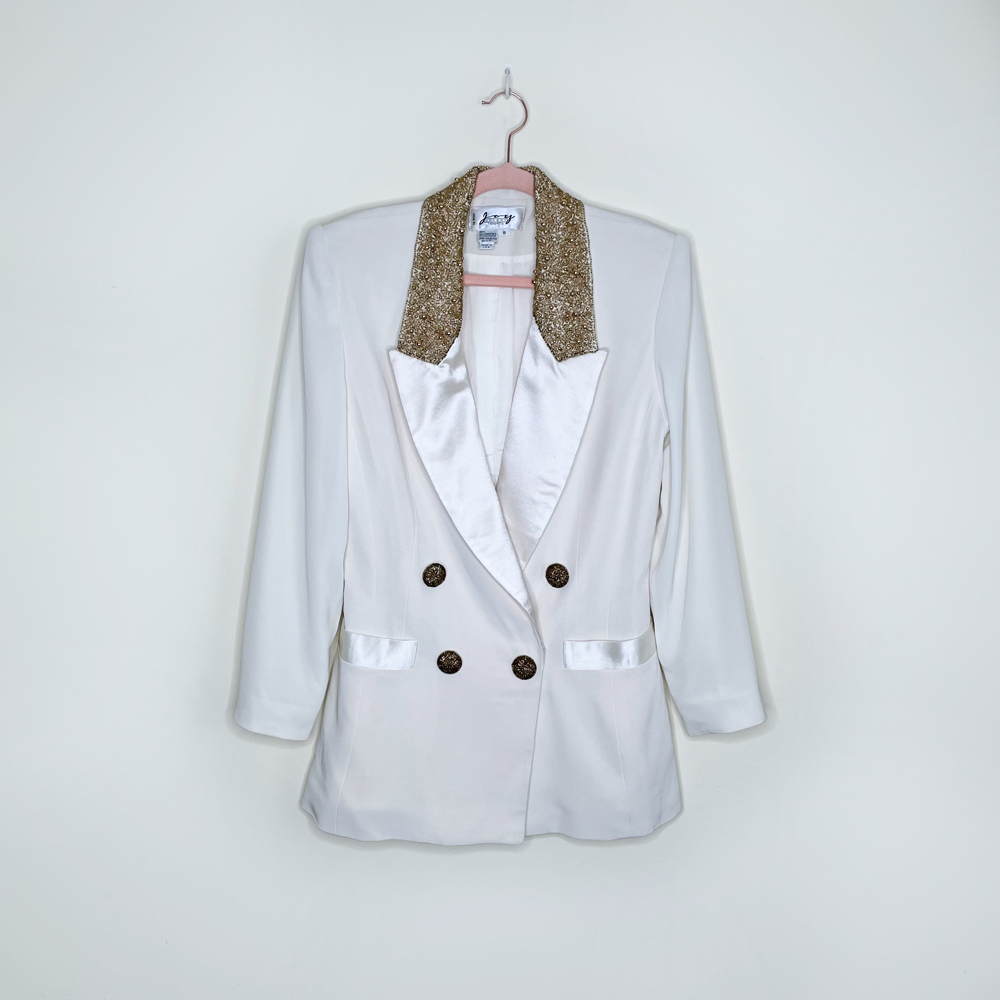 vintage joy cherry white tuxedo blazer with gold beading - size 8