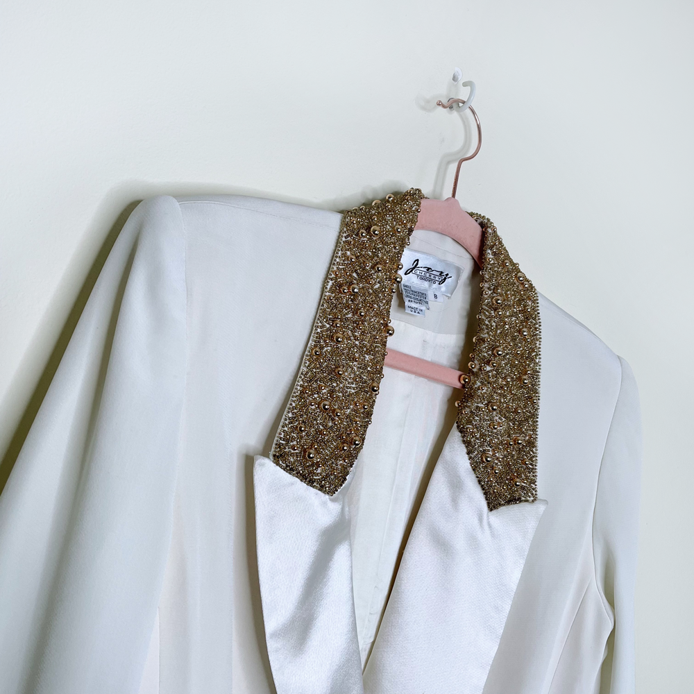 vintage joy cherry white tuxedo blazer with gold beading - size 8