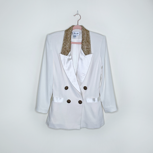 vintage joy cherry white tuxedo blazer with gold beading - size 8
