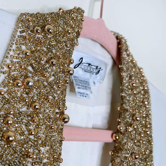 vintage joy cherry white tuxedo blazer with gold beading - size 8