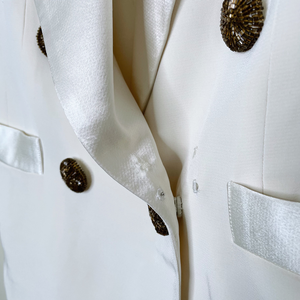 vintage joy cherry white tuxedo blazer with gold beading - size 8