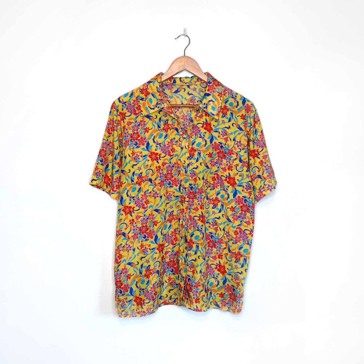 vintage tropical floral short sleeve button down blouse - size medium