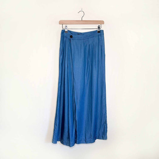 nwt zara trf blue chambray asymmetric front wide leg trousers - size small