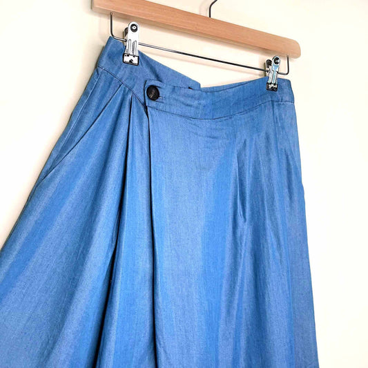 nwt zara trf blue chambray asymmetric front wide leg trousers - size small