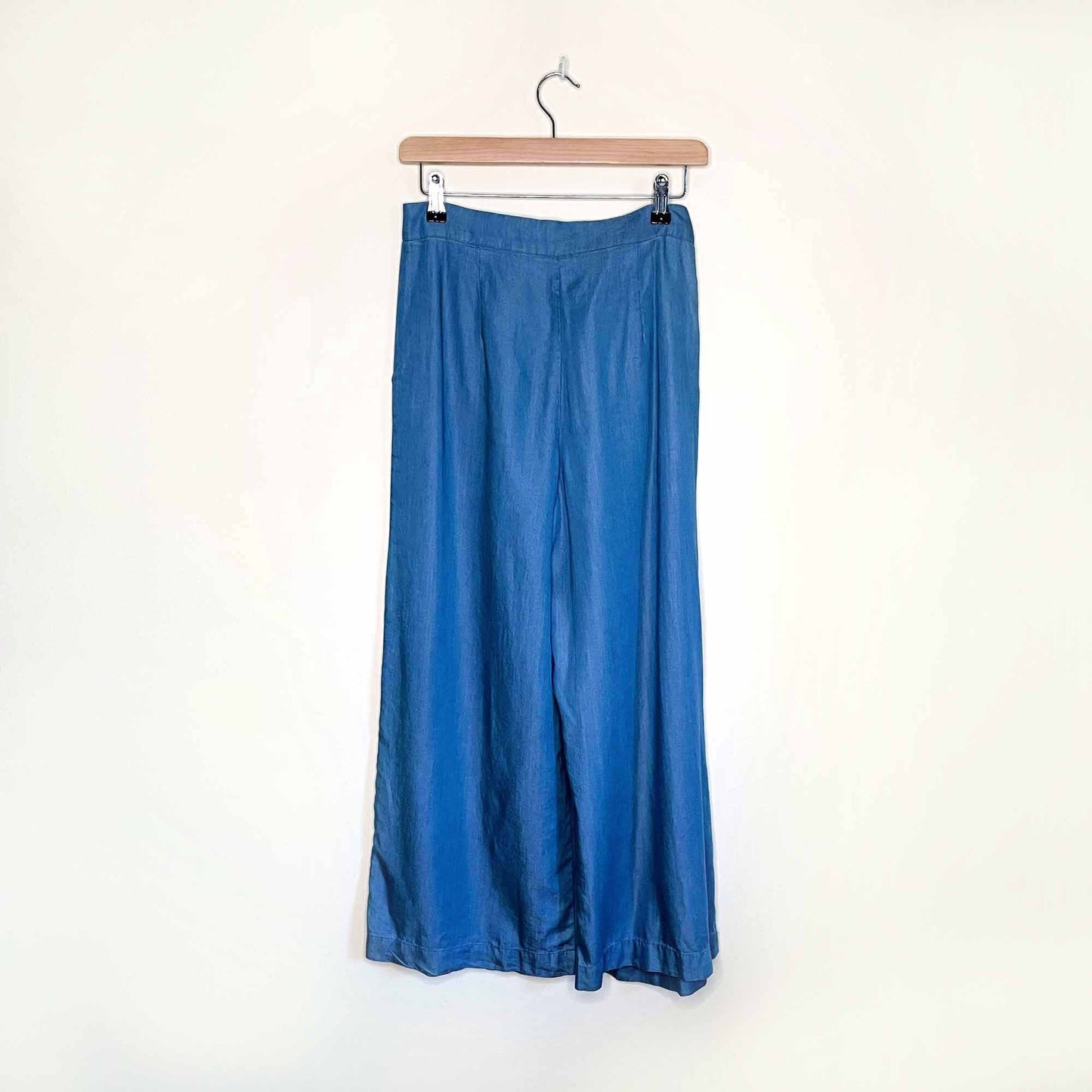 nwt zara trf blue chambray asymmetric front wide leg trousers - size small