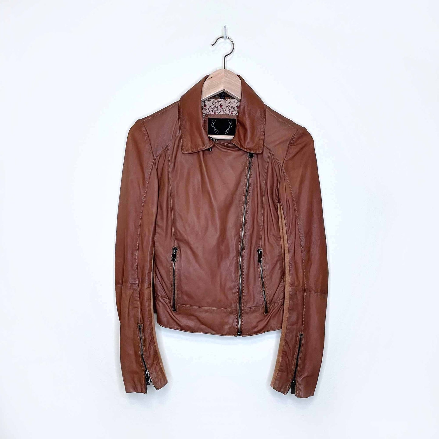 bod & christensen brown leather moto jacket - size small