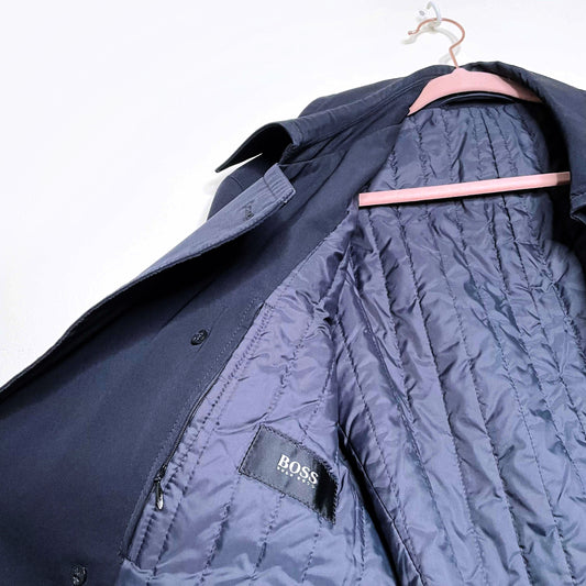 boss by hugo boss black wool-blend trench coat with quilted liner - size 46