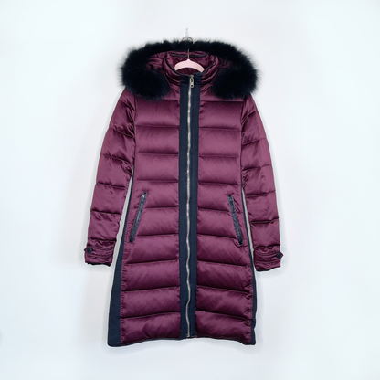 burberry long puffer jacket with fox fur hood - size medium