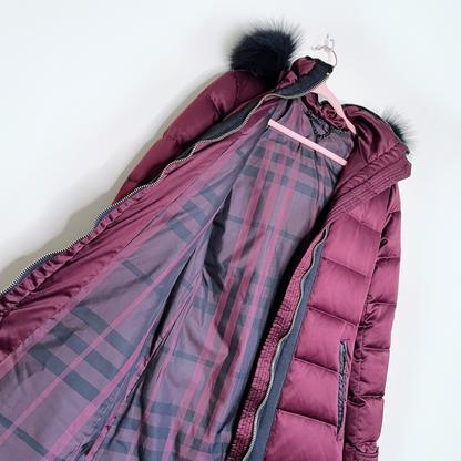 burberry long puffer jacket with fox fur hood - size medium