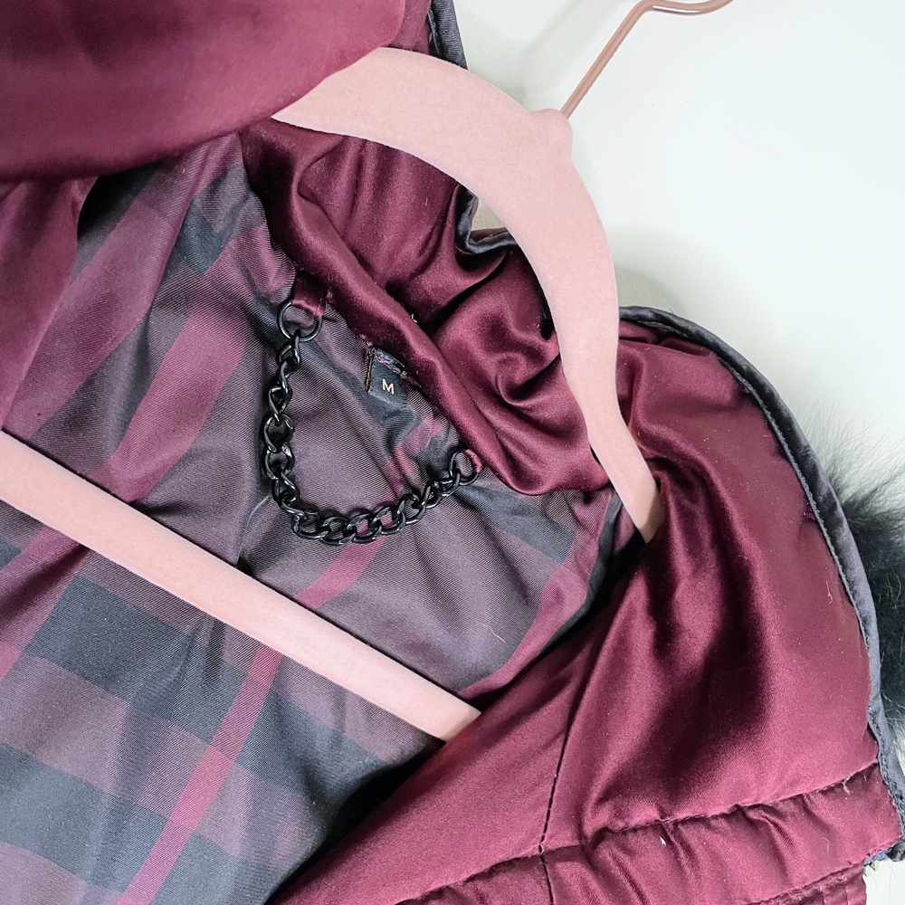 burberry long puffer jacket with fox fur hood - size medium