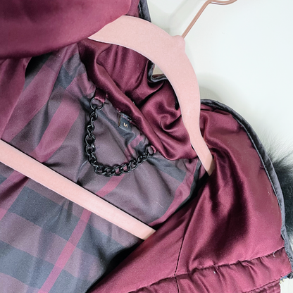 burberry long puffer jacket with fox fur hood - size medium