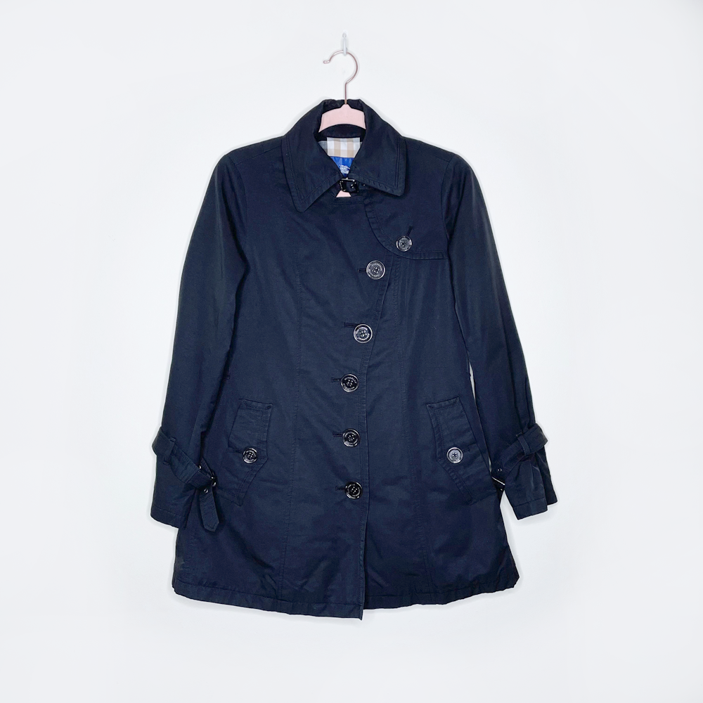 burberry blue label black trench coat with check lining - size 36 burberry blue label black trench coat with check lining - size 36