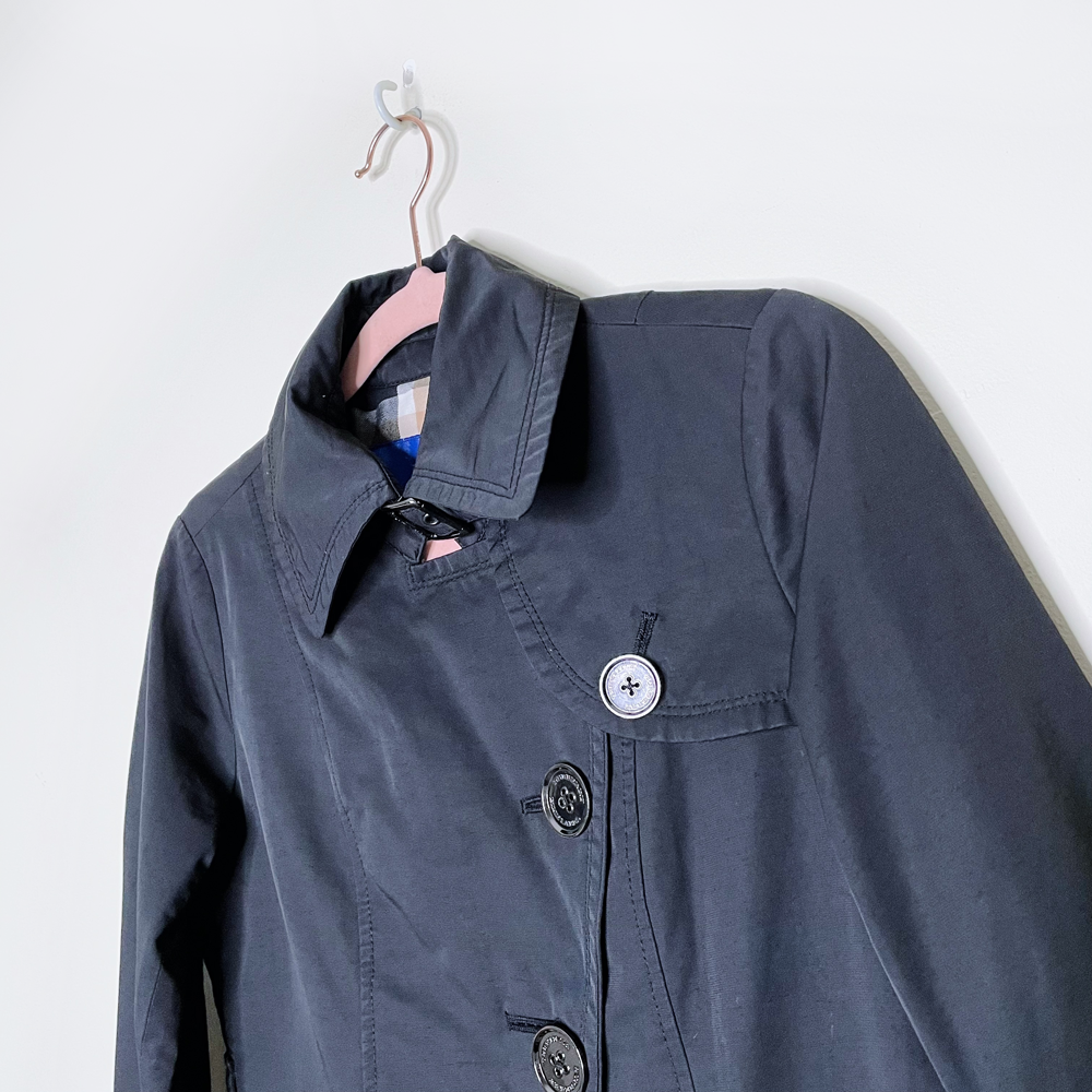 burberry blue label black trench coat with check lining - size 36