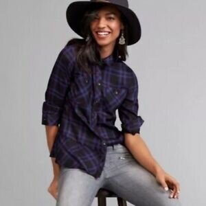 Cabi moody plaid peplum button down shirt - size Small