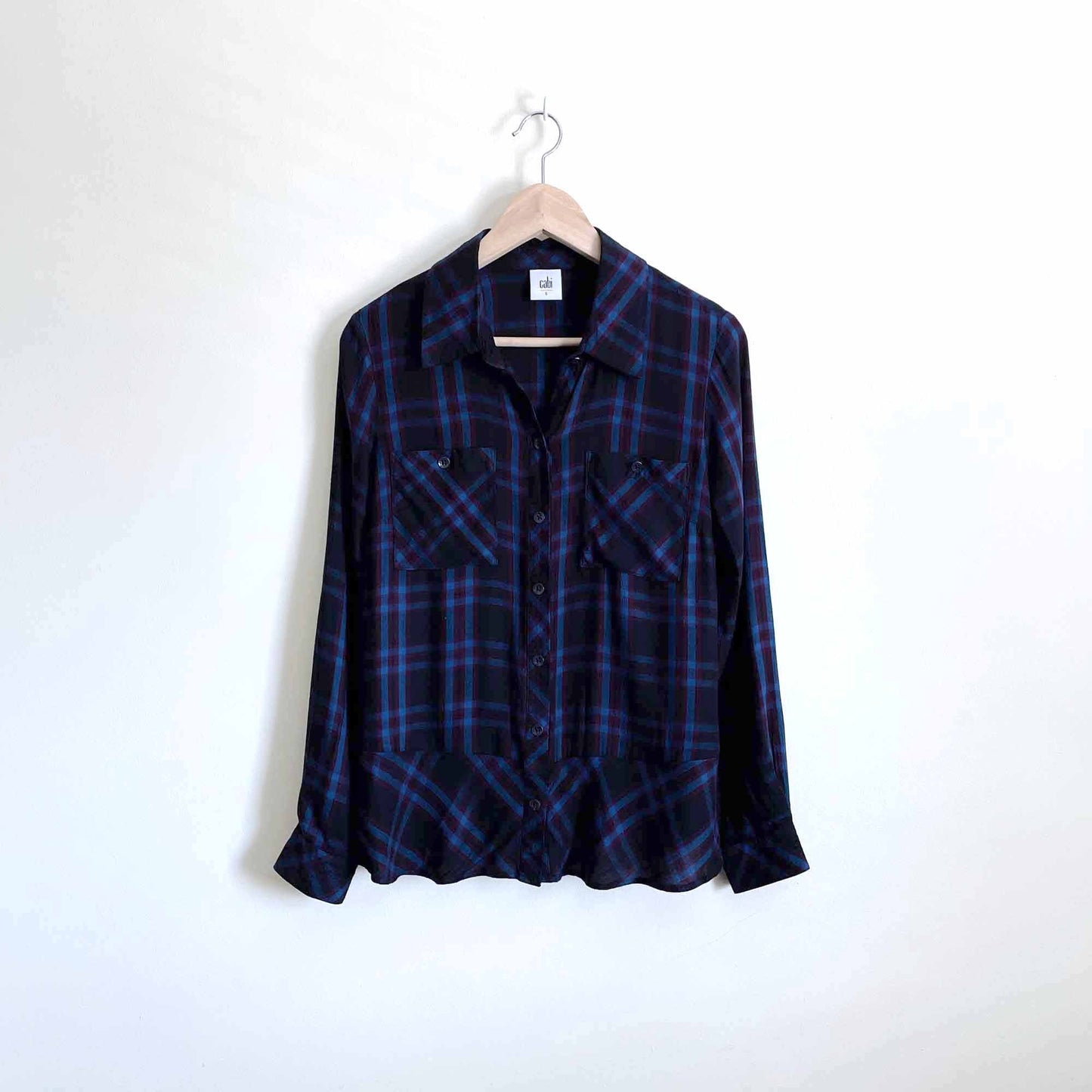Cabi moody plaid peplum button down shirt - size Small