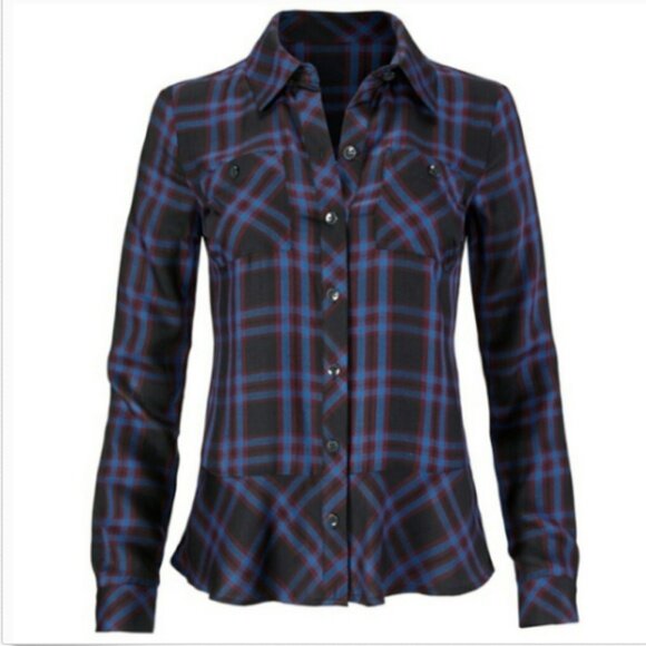 Cabi moody plaid peplum button down shirt - size Small