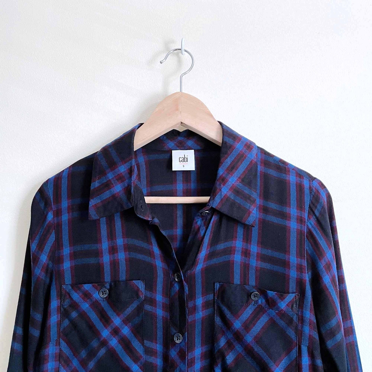 Cabi moody plaid peplum button down shirt - size Small