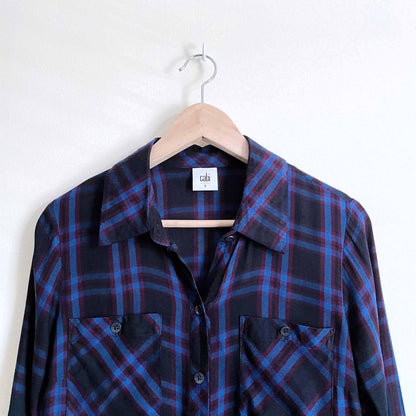 Cabi moody plaid peplum button down shirt - size Small