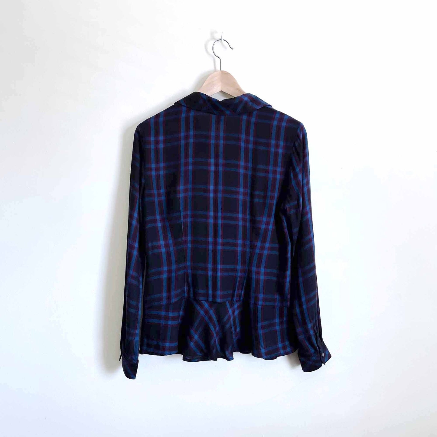 Cabi moody plaid peplum button down shirt - size Small