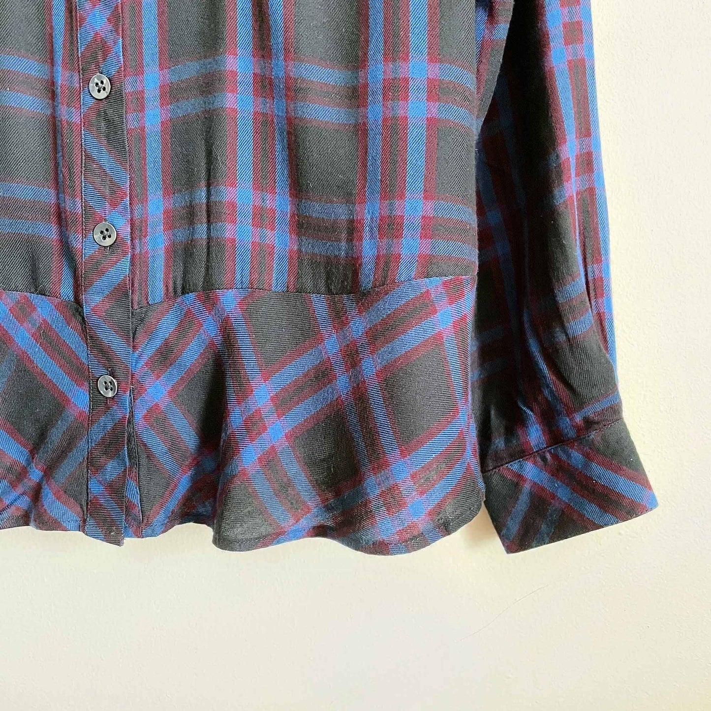 Cabi moody plaid peplum button down shirt - size Small